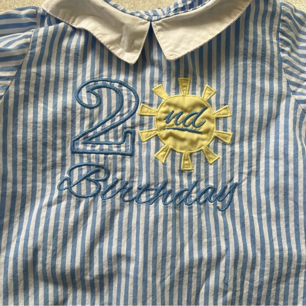 Lil Cactus second Birthday Romper blue white stripe embroidered sun 2t - Picture 3 of 5